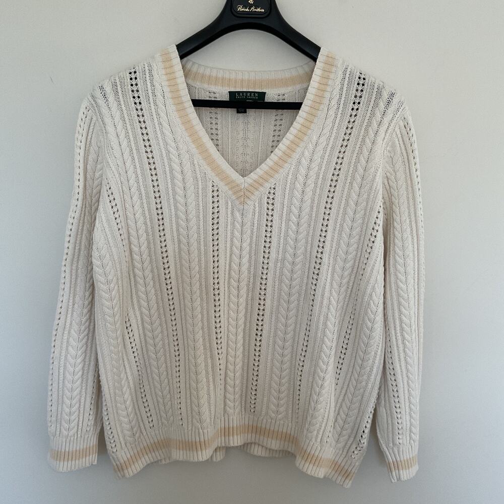 Lauren Ralph Lauren v-neck cable knit Ivory Tennis Sweater Sz 1X Preppy Cotton